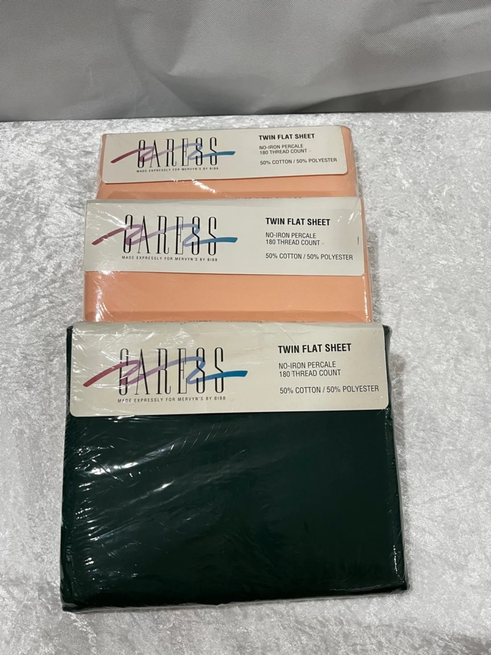 Vintage Sheets Lot  Of 3 CARESS Twin Flat Sheet Green Peach Coral Cotton Blend